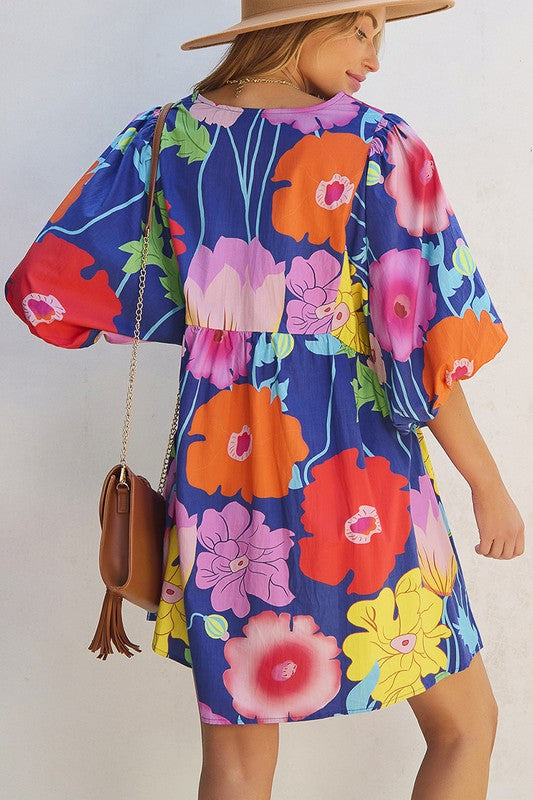 Vibrant Floral Print Split Neck Babydoll Dress YNIQUE   