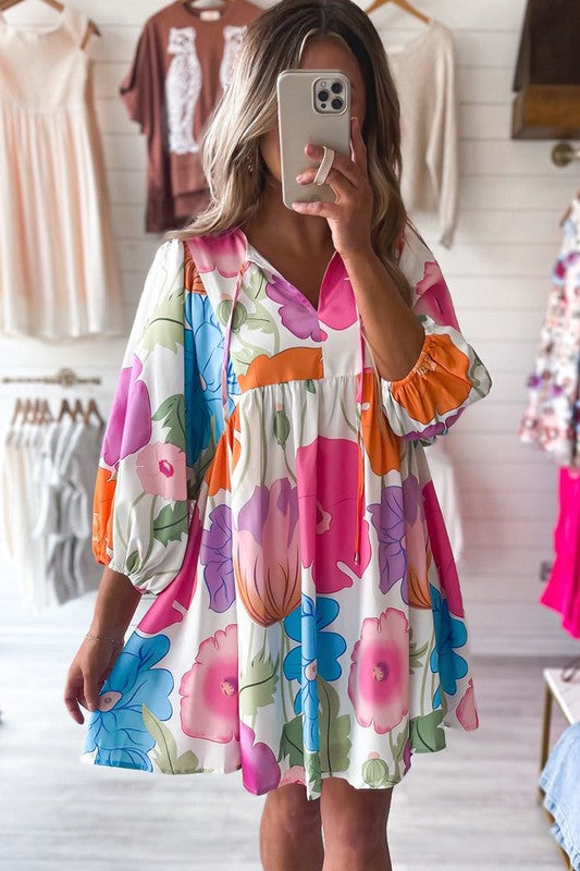 Vibrant Floral Print Split Neck Babydoll Dress YNIQUE   