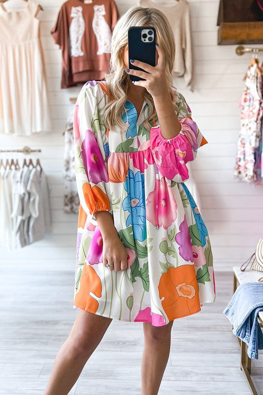 Vibrant Floral Print Split Neck Babydoll Dress YNIQUE   