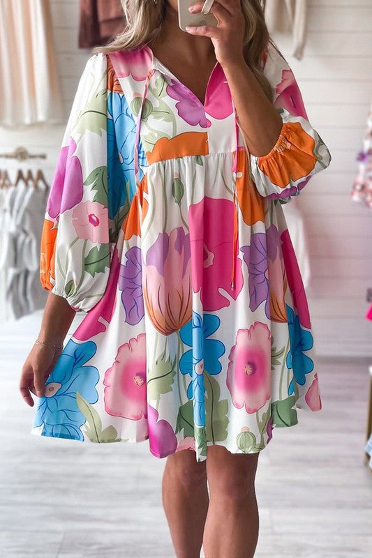 Vibrant Floral Print Split Neck Babydoll Dress YNIQUE   