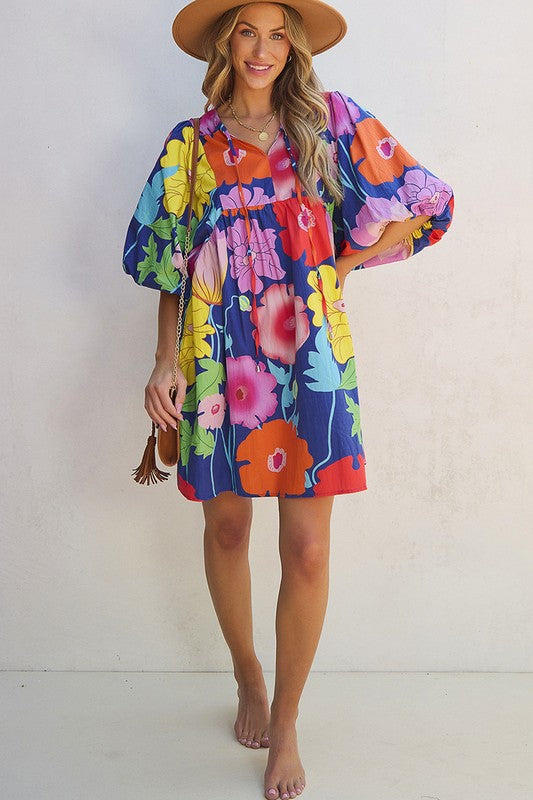 Vibrant Floral Print Split Neck Babydoll Dress YNIQUE   