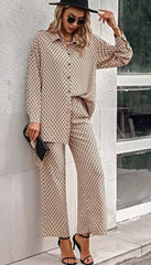 Geometric Print Button Down Shirt & Wide Leg Pants Set Miss Sparkling   