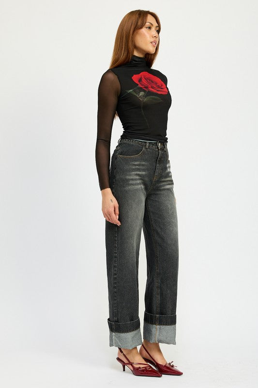 High-Waisted Washed Cuffed Hem Denim Jeans Emory Park   