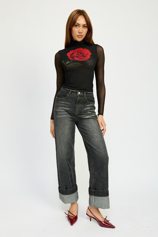 High-Waisted Washed Cuffed Hem Denim Jeans Emory Park VINTAGE BLACK S 