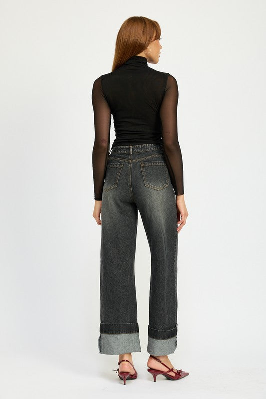 High-Waisted Washed Cuffed Hem Denim Jeans Emory Park   