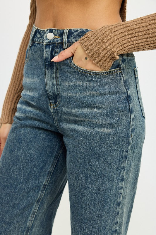 High-Waisted Washed Cuffed Hem Denim Jeans Emory Park   