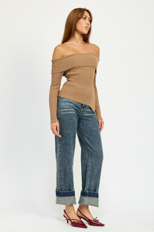 High-Waisted Washed Cuffed Hem Denim Jeans Emory Park   