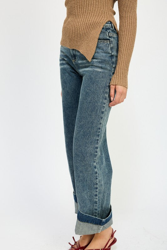 High-Waisted Washed Cuffed Hem Denim Jeans Emory Park   