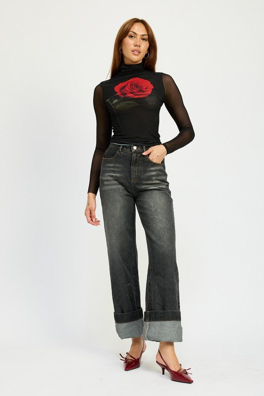 High-Waisted Washed Cuffed Hem Denim Jeans Emory Park   