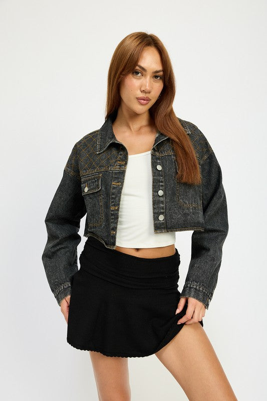 Embroidered Denim Cropped Jacket Emory Park VINTAGE BLACK S 