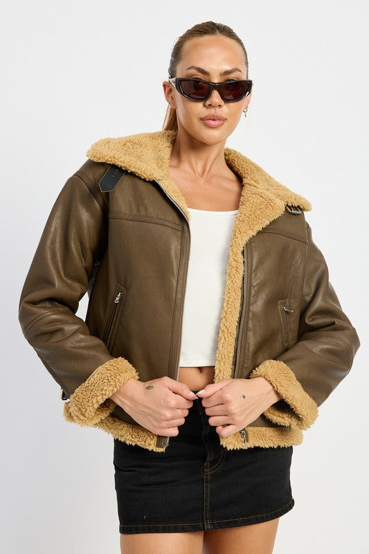 Shearling Moto Jacket Emory Park DK BROWN S 