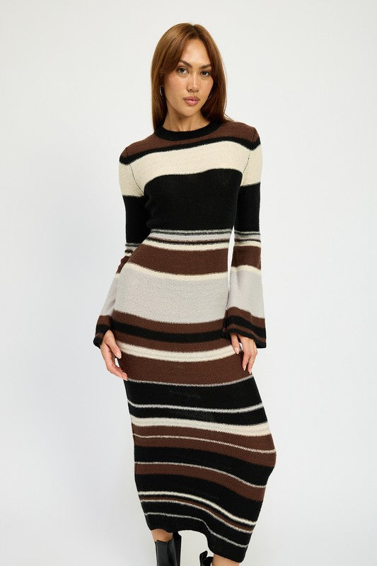 Striped Long Bell Sleeve Maxi Bodycon Dress Emory Park   