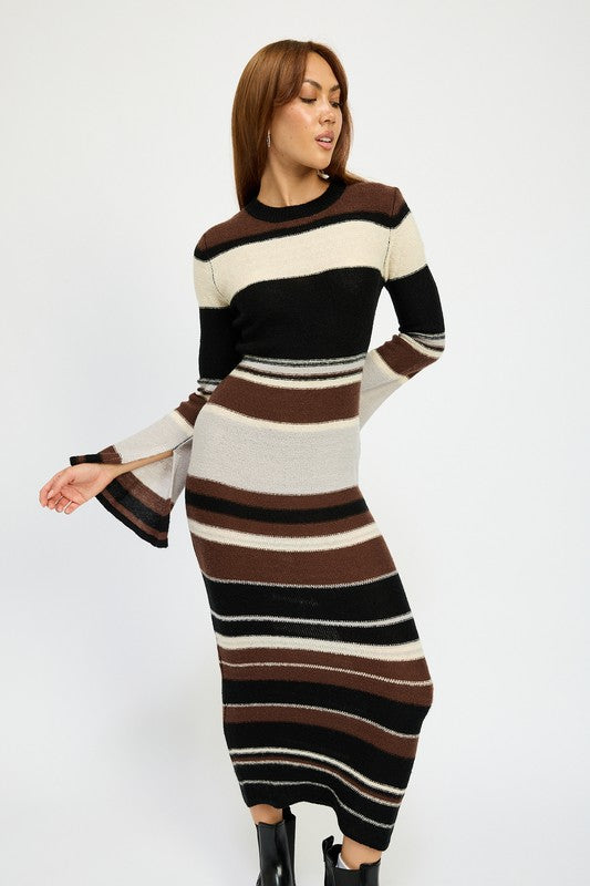 Striped Long Bell Sleeve Maxi Bodycon Dress Emory Park   