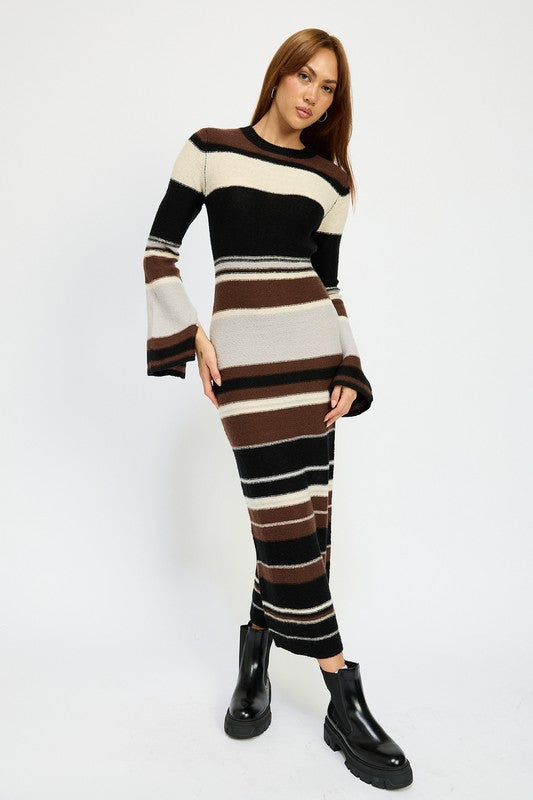Striped Long Bell Sleeve Maxi Bodycon Dress Emory Park   