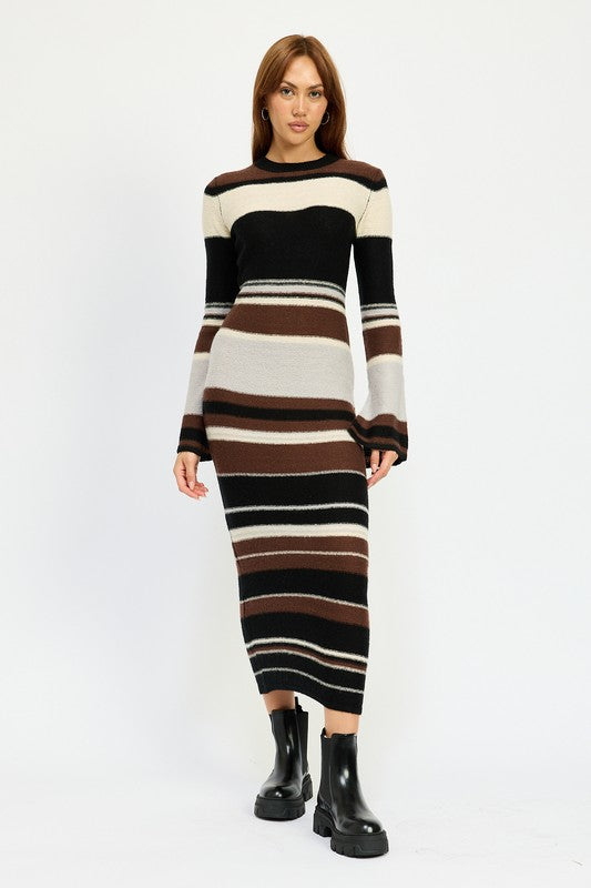 Striped Long Bell Sleeve Maxi Bodycon Dress Emory Park BROWN MULTI S 