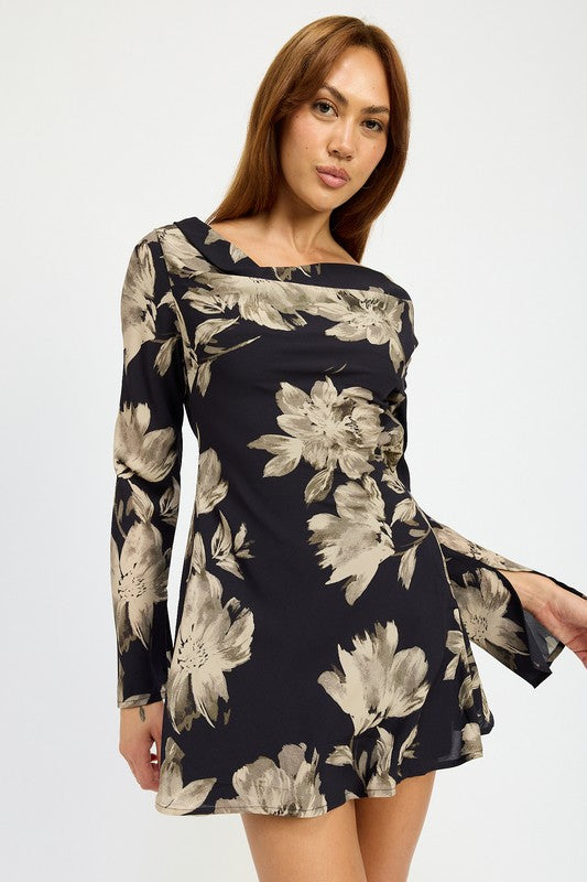 Cowl Neck Mini Flare Dress With Open Back Emory Park BLACK FLORAL S 