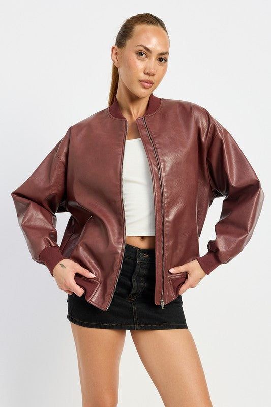 Vintage Faux Leather Bomber Jacket Emory Park BURGUNDY S 