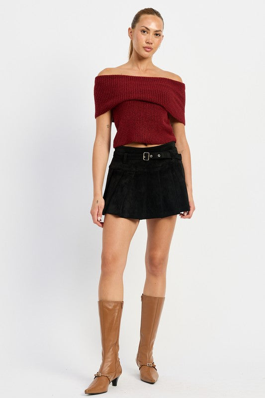 Pleated Suede Mini Skort with Belt Emory Park BLACK S 