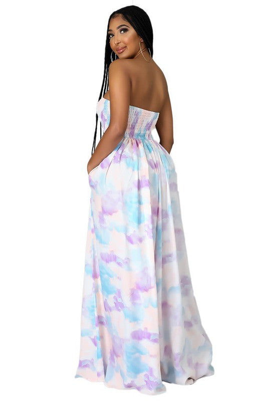 Strapless Tie Dye Wide Leg Jumpsuit By Claude SKY BLUE S 