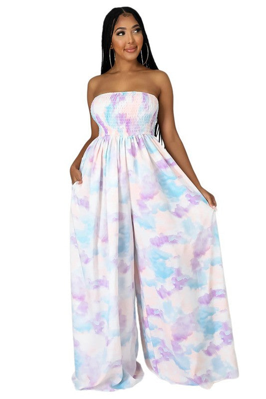 Strapless Tie Dye Wide Leg Jumpsuit By Claude   