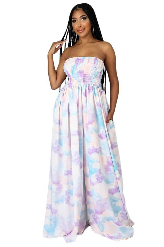 Strapless Tie Dye Wide Leg Jumpsuit By Claude   