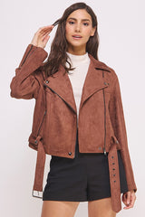 Belted Long Sleeve Zippered Suede Moto Jacket Jade By Jane   