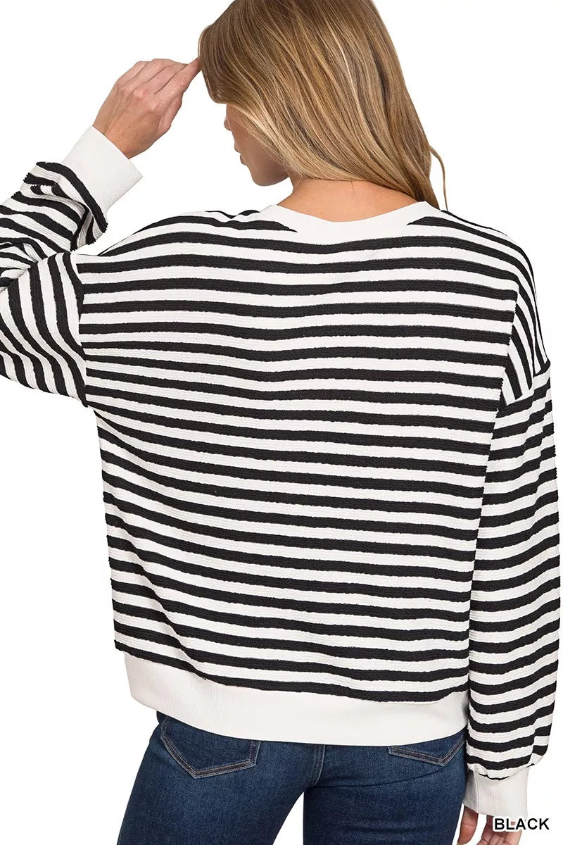 Striped Round Neck Sweatshirt ZENANA