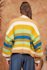 Davi & Dani Contrast Striped Open Front Lantern Sleeve Cardigan Trendsi