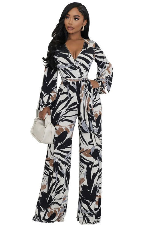 Floral Print V-Neck Long-Sleeve Wide-Leg Jumpsuit By Claude BLACK MULTI S 