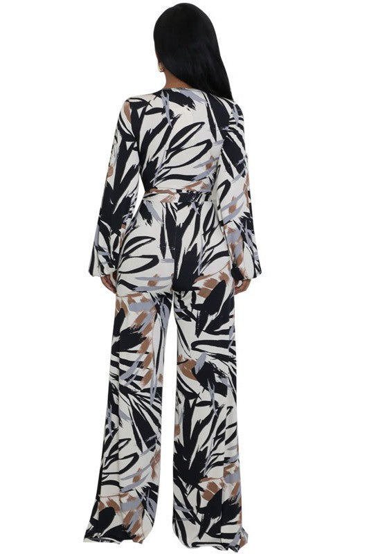 Floral Print V-Neck Long-Sleeve Wide-Leg Jumpsuit By Claude   