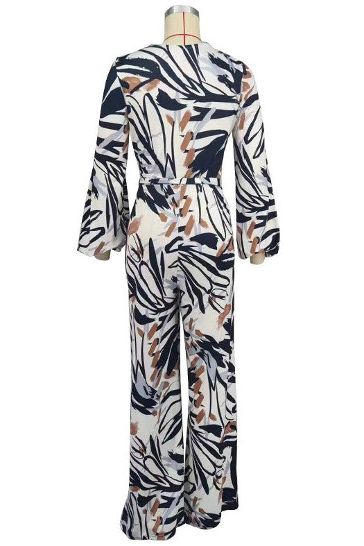 Floral Print V-Neck Long-Sleeve Wide-Leg Jumpsuit By Claude   