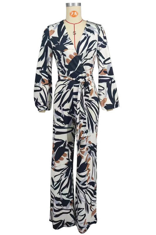 Floral Print V-Neck Long-Sleeve Wide-Leg Jumpsuit By Claude   