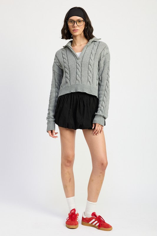 Cable Knit Cropped Sweater with Half Zip Collar Emory Park   