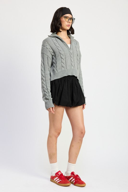 Cable Knit Cropped Sweater with Half Zip Collar Emory Park   