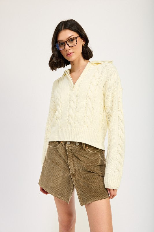 Cable Knit Cropped Sweater with Half Zip Collar Emory Park   