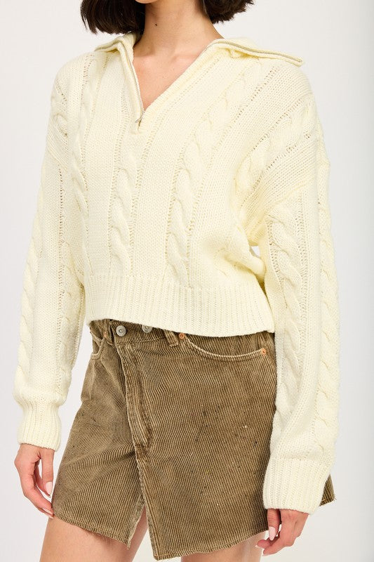 Cable Knit Cropped Sweater with Half Zip Collar Emory Park   