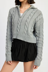 Cable Knit Cropped Sweater with Half Zip Collar Emory Park   