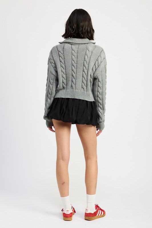 Cable Knit Cropped Sweater with Half Zip Collar Emory Park   