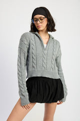 Cable Knit Cropped Sweater with Half Zip Collar Emory Park   