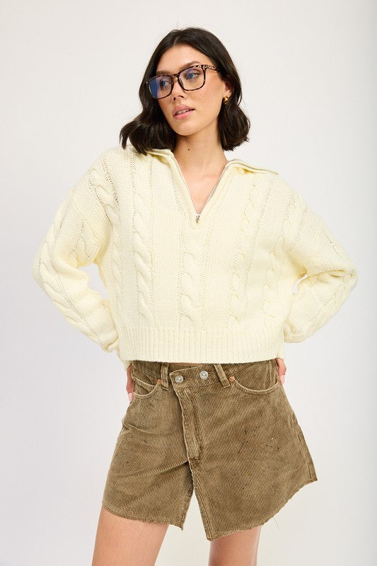 Cable Knit Cropped Sweater with Half Zip Collar Emory Park CREAM S 