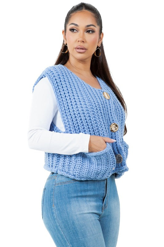 Chunky Knitted Buttoned Sweater Vest with Pockets By Claude   