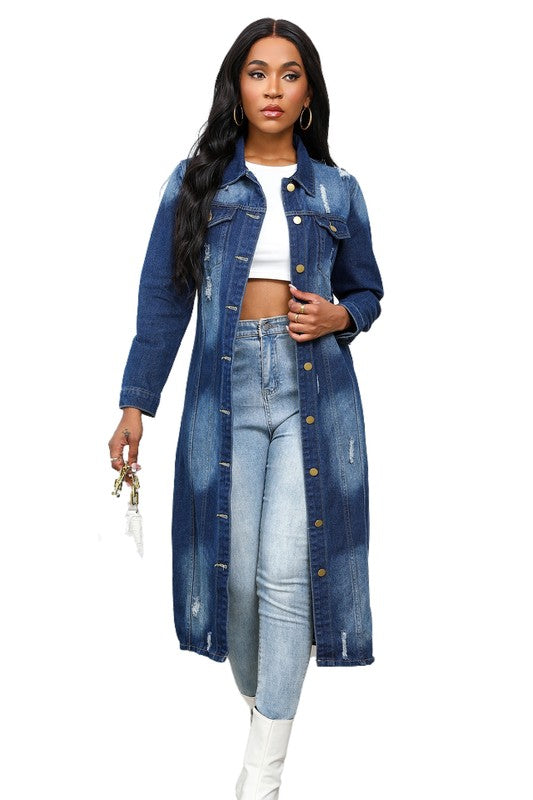 Long Distressed Denim Button-Up Maxi Jacket By Claude   