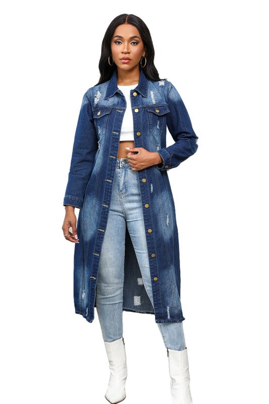 Long Distressed Denim Button-Up Maxi Jacket By Claude NAVY S 