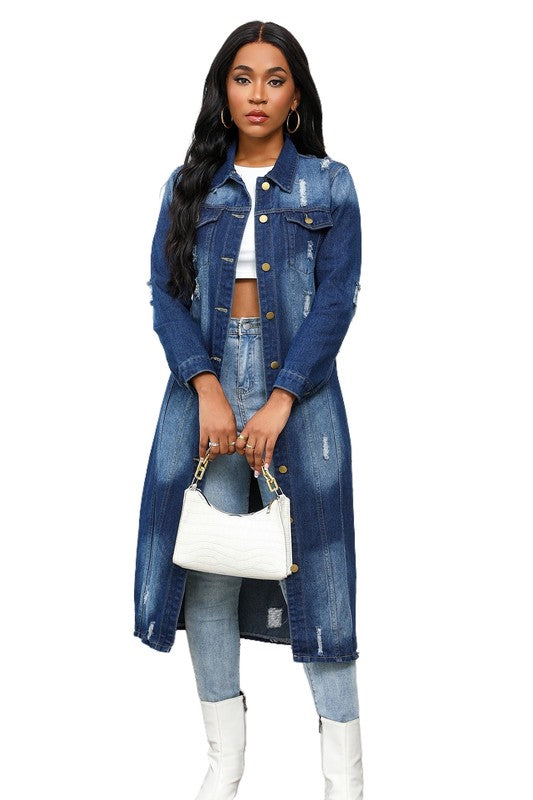 Long Distressed Denim Button-Up Maxi Jacket By Claude   