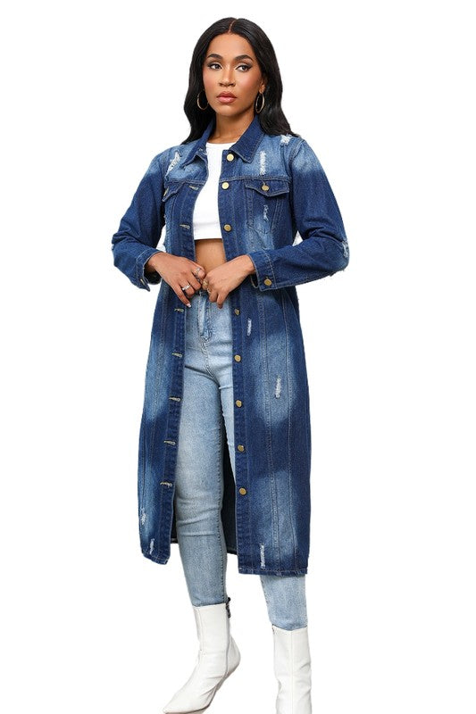 Long Distressed Denim Button-Up Maxi Jacket By Claude   