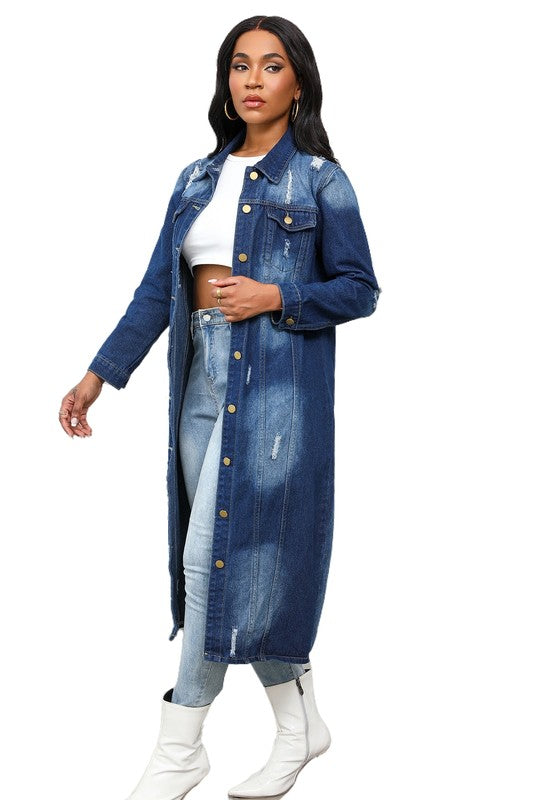 Long Distressed Denim Button-Up Maxi Jacket By Claude   