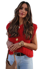 Chunky Knitted Buttoned Sweater Vest with Pockets By Claude RED S 