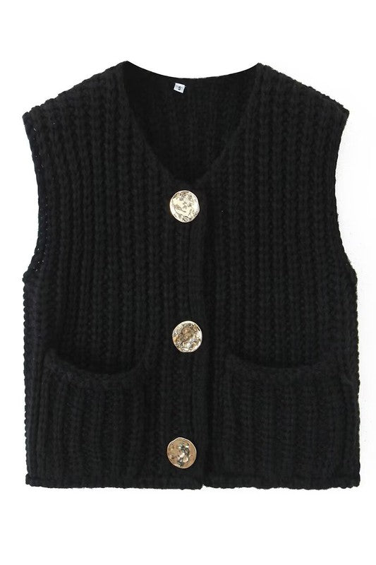 Chunky Knitted Buttoned Sweater Vest with Pockets By Claude BLACK S 