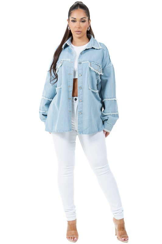 Oversized Frayed-Edge Denim Shirt By Claude LIGHT BLUE L 