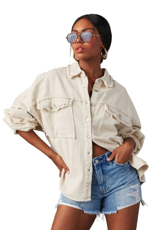 Oversized Frayed-Edge Denim Shirt By Claude   